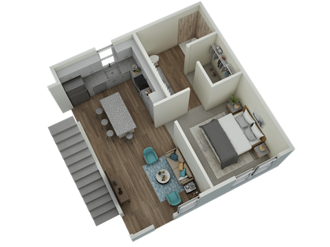 Unit C2 Carriage Home 3-bedroom, 2-bath 1,331 sqft 3D lower level floor plan at Canopy Park Apartments, Pelham, AL 35124